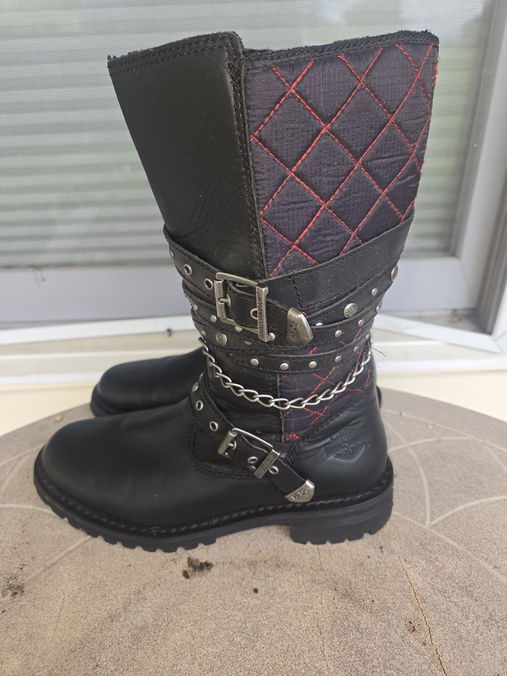 Harley Davison Womens Black and Red Quilted Mid-Calf Boots Buckles and Chain